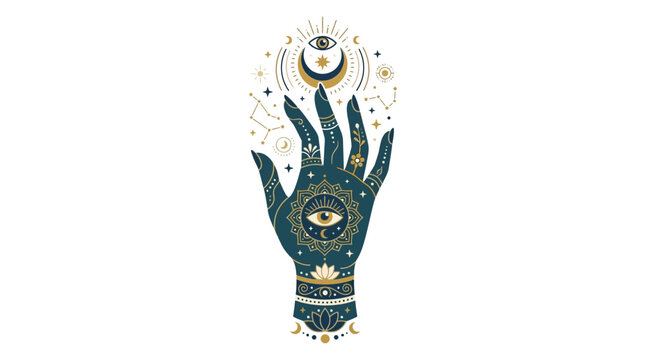 Mystical Hand with Eye and Moon Symbols