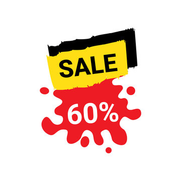 Flash sale: 60% off. Promotional pin featuring torn yellow ribbon and red paint splatter.