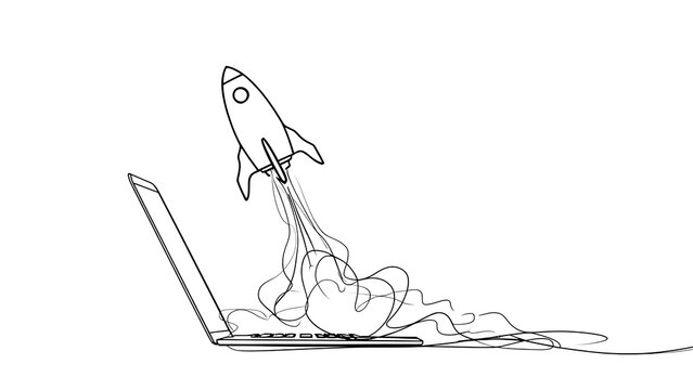 Rocket Launching from Laptop Computer Startup Business Line Art