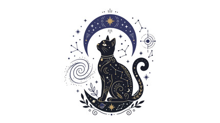 Fototapeta premium Mystic Cat Celestial Crescent Moon Zodiac