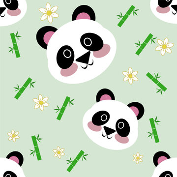 Cute panda head with green bamboo and white flower seamless pattern on light green background