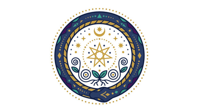 Mystical Ouroboros Symbol with Stars and Crescent