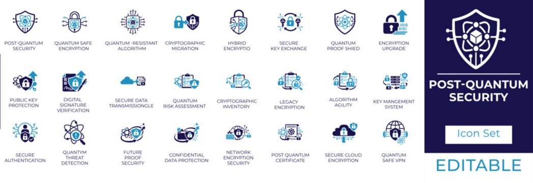 Post-Quantum Security  flat Icon Set, Quantum Resistant Cryptography and Cyber Security Line Icons, Future Encryption Algorithm and Data Protection Vector