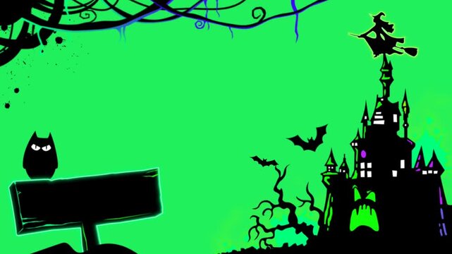 Animation halloween silhouette frame with green background.
