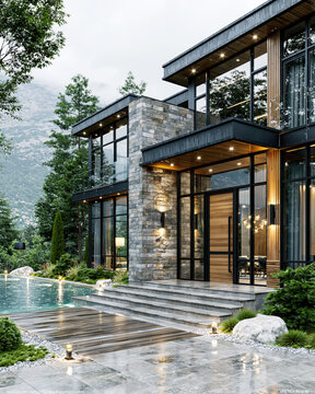 Luxury Modern Villa Exterior at Twilight AI Generative