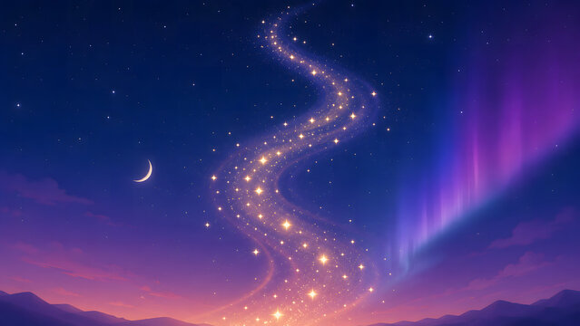 Breathtaking magical glowing stardust path winding into the starry night sky with aurora borealis and crescent moon illustration