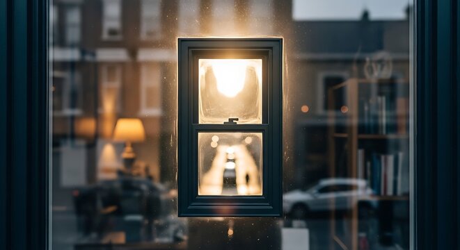 Miniature window frame display with warm light reflecting an urban street scene at night.