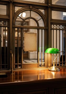 Vintage Bank Teller Window with Green Banker Lamp and Blank Parchment Paper on Wooden Counter