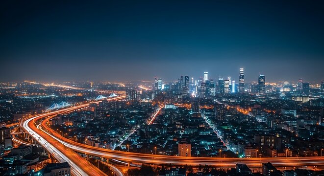 Night aerial view of city skyline with highway light trails and skyscrapers.