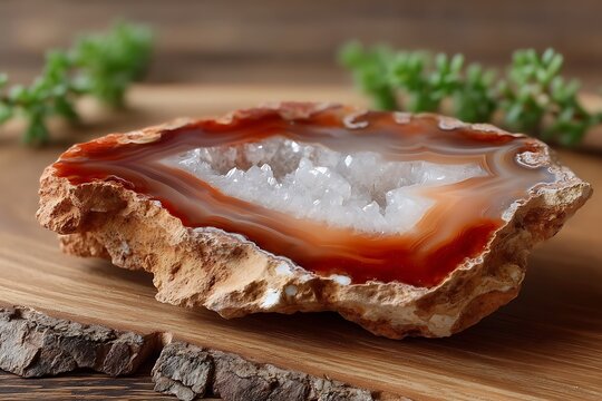 Close-up of a polished geode with a hollow crystalline interior on a wooden surface with greenery