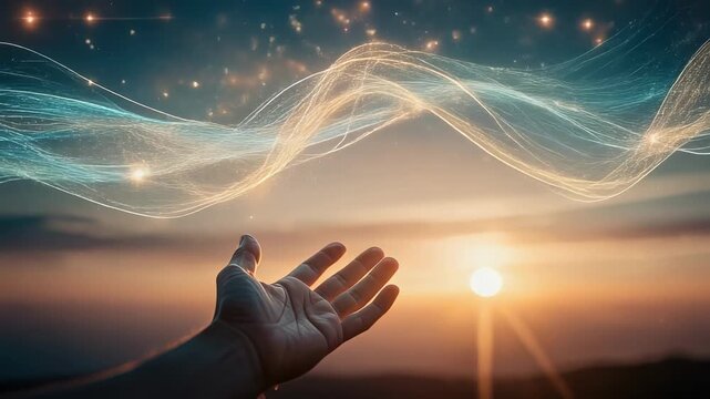 Hand reaching towards glowing sunset waves of light with firefly sparkle magical evening scene