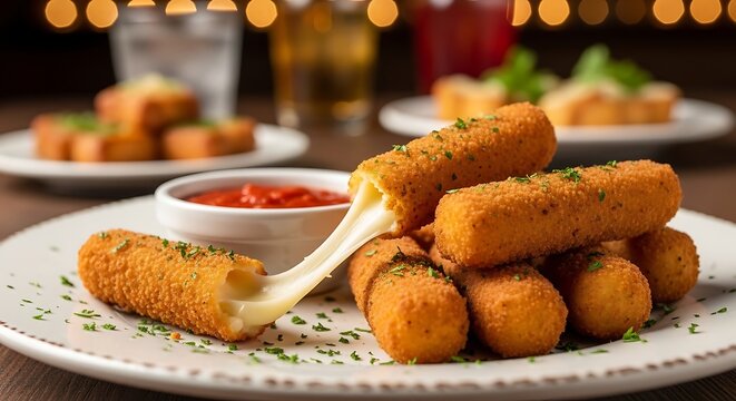 Mozzarella cheese sticks with dipping sauce.