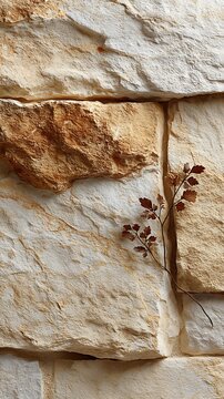 Close-up of textured beige and brown stone wall with a small tree growing in the crack