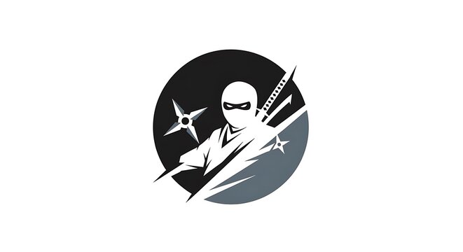 Ninja mascot logo vector illustration with sword and shuriken in circular frame.