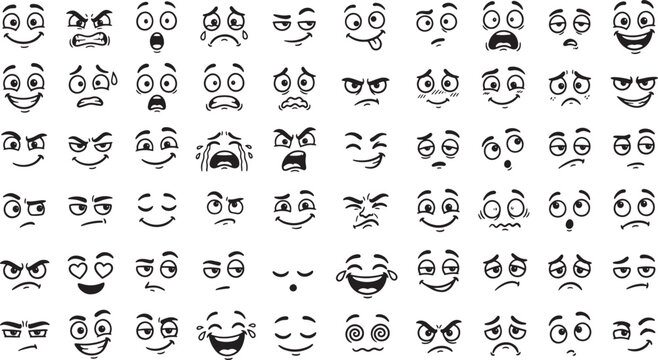 Collection of hand drawn cartoon facial expressions featuring various emotions and moods for character design in vector illustration format