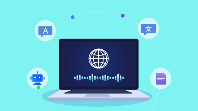 Animated flat vector motion graphic featuring a global network interface on a laptop with chatbot, translation, security, and document icons. Ideal for AI communication and digital connectivity concep