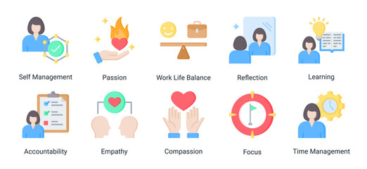 Fototapeta premium Life Balance icon set featuring focus,time management,empathy and accountability concepts for maintaining harmony,productivity and personal wellbeing.