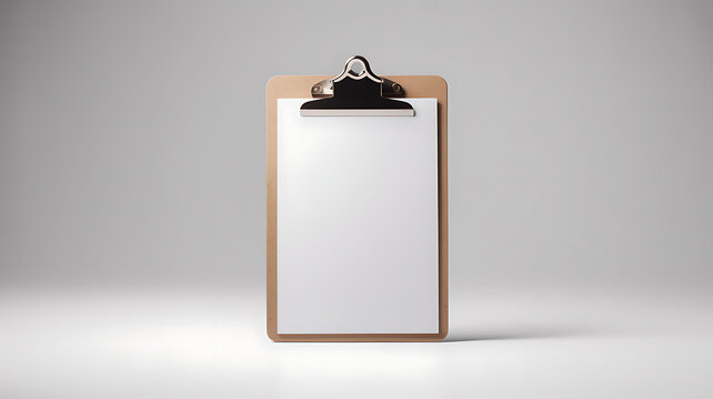 A wooden clipboard with a blank white sheet of paper held by a metal clip for business notes or office document presentation displayed in a clean simple studio view