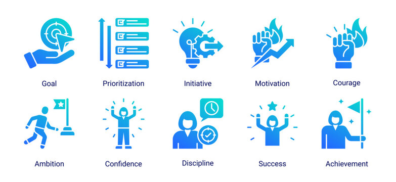 Self Discovery icon set featuring purpose,self awareness,mindfulness and reflection concepts for understanding values,strengths and personal direction.