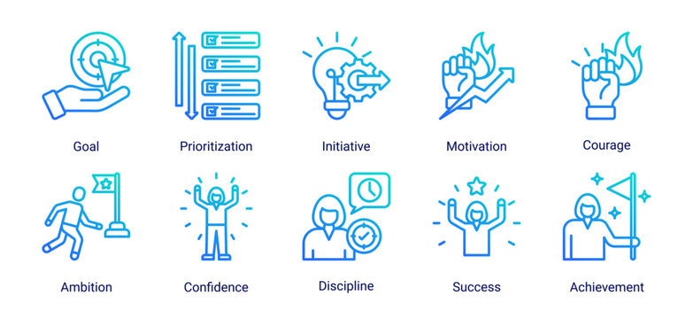 Self Discovery icon set featuring purpose,self awareness,mindfulness and reflection concepts for understanding values,strengths and personal direction.