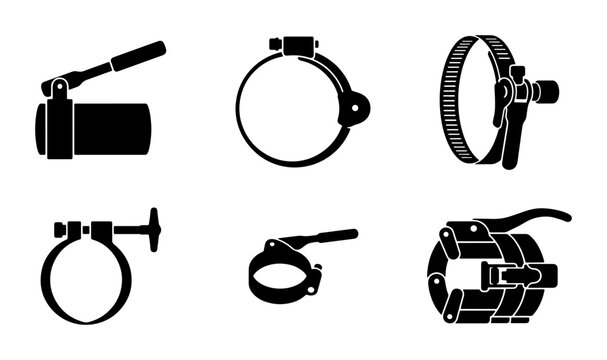 Hose Clamps Set, Metal Fasteners, Plumbing Hardware, Industrial Equipment Icons