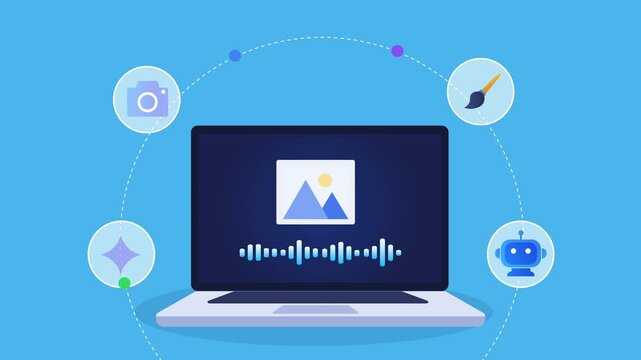 Animated flat vector motion graphic featuring an AI image processing interface on a laptop with media, editing, chatbot, and creative tool icons. Ideal for digital content, design, and artificial inte