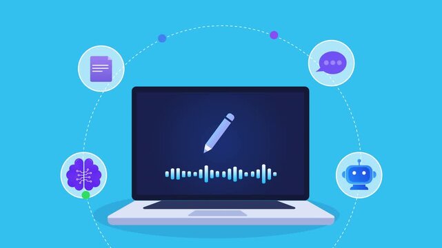 Animated flat vector motion graphic featuring an AI content editing interface on a laptop with document, messaging, chatbot, and neural network icons. Ideal for writing, editing, and artificial intell