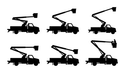 Bucket Truck Icons Set, Aerial Lift Vehicle Silhouettes, Cherry Picker Machine Graphics, Industrial Equipment Vector Collection © Sahil
