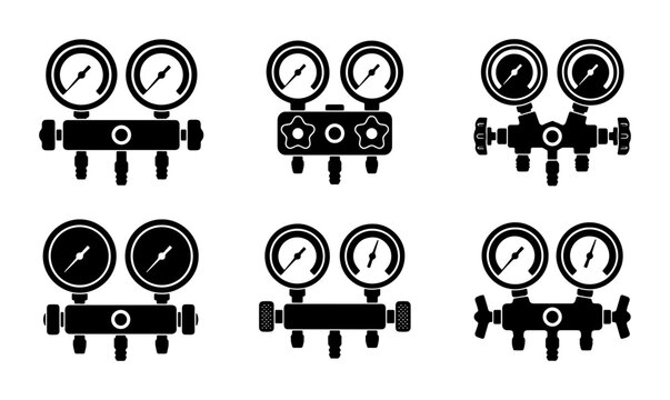 Gas Regulator Icons Set, Pressure Gauge Vector Graphics, Industrial Control Equipment Symbols