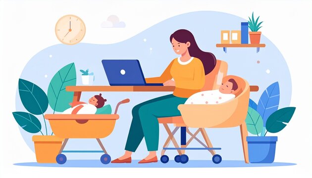 Mother working on laptop illustration. Freelance mom multitasking with baby at home.