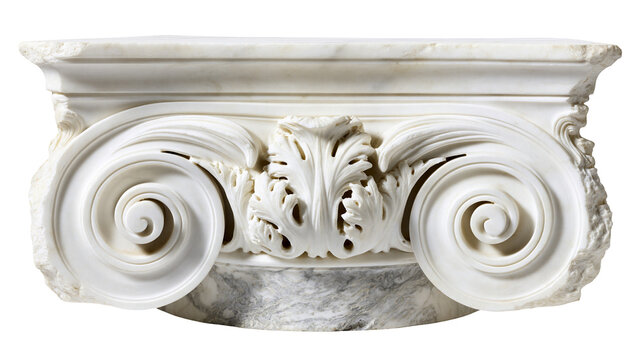 White marble Ionic capital with volutes and acanthus leaves, isolated on transparent background