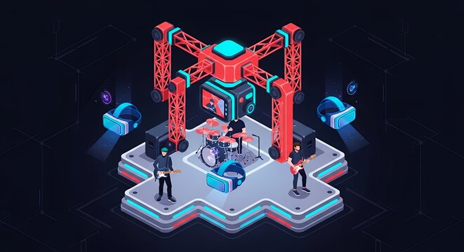 Futuristic Neon Music Band Stage Performance with Robotic Instruments and Headphones
