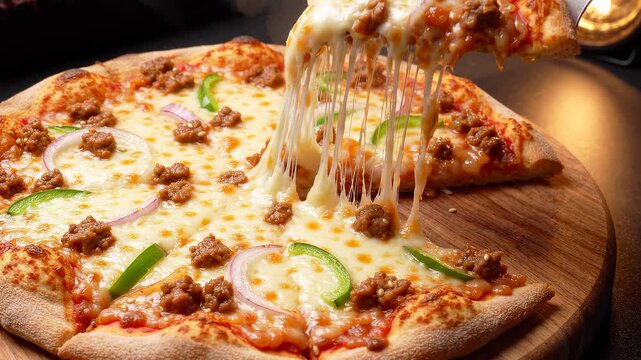 Delicious pizza slice being lifted with melted cheese stretching.