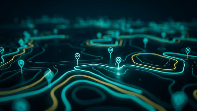 Abstract topographic map interface with glowing location pins and data streams