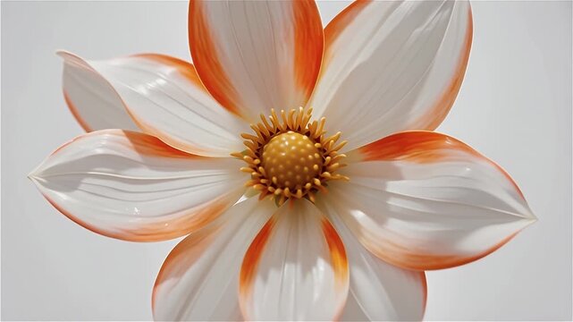 High-detail digital illustration of a white and orange flower with a textured yellow core and layered petals on a clean white backdrop, macro shot view.