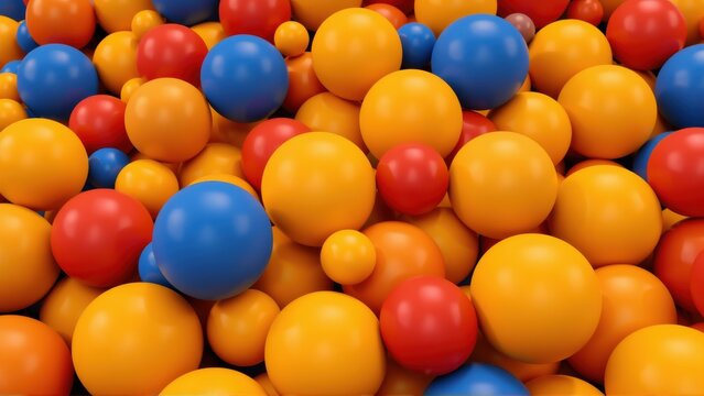 Colorful spheres fill frame. Orange, red, blue hues dominate composition. Smooth surfaces suggest plastic material. Dense packing creates visual texture.