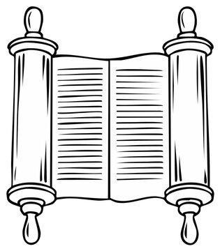 Black and white illustration of an open Torah scroll with text and decorative elements.