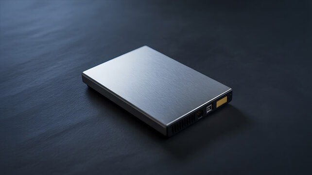 Modern silver external hard drive placed on a dark textured desk surface for data storage and backup solutions in a professional office work environment setting