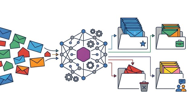 Modern flat vector illustration of an AI-powered email management system automatically classifying, filtering, organizing, and prioritizing incoming messages into folders using machine learning techno