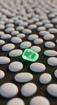 Glowing green gemstone, standout precious stone, amidst white pebbles, black background