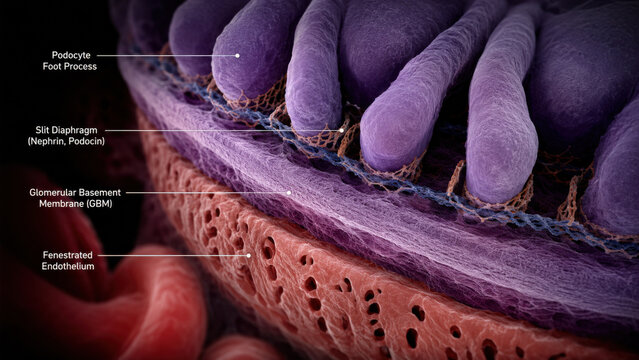 Hyper realistic filtration barrier showing foot processes gripping basement membrane slit diaphragm proteins bridging gaps fenestrated endothelium below with detailed tissue texture
