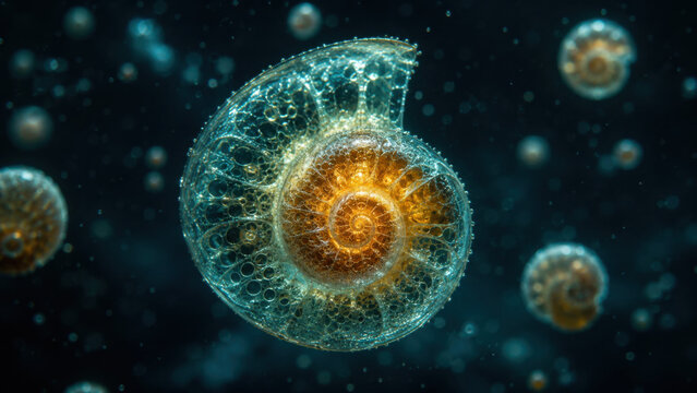 Hyper realistic macro shot of single cell organism with intricate calcium carbonate shell, chamber spiral structure, glowing golden amber interior and translucent teal outer shell underwater