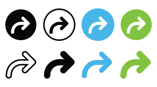 Curved Arrow Icon Set Featuring Forward, Next, Redirect and Navigation Symbols in Black, Blue and Green Styles for User Interface Design