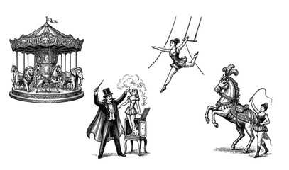 Vintage circus engraving illustrations featuring carousel, magician, acrobat, trained horse, bear on bicycle and juggling props, classic carnival art, retro show and entertainment concept. © arfin