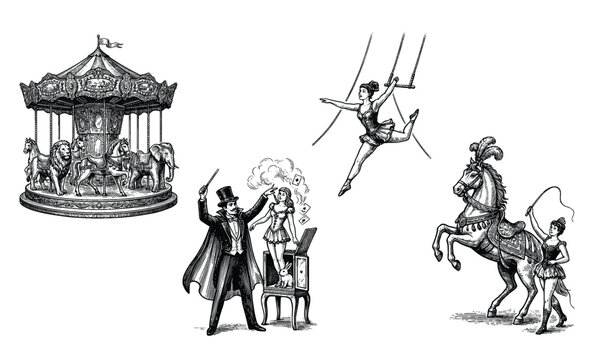 Vintage circus engraving illustrations featuring carousel, magician, acrobat, trained horse, bear on bicycle and juggling props, classic carnival art, retro show and entertainment concept.