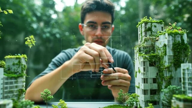 Fascinating view of a young architect drawing lines on a glowing holographic screen to create smart sustainable town models surrounded by small mockup plants and skyscrapers inside creative studio