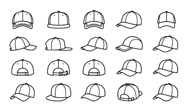 Modern Baseball Cap Outline Vector Icon Collection for Fashion and Sports Design