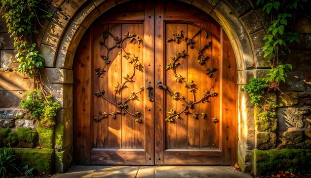 Ornate wooden double doors with metal vine decorations in a stone archway.