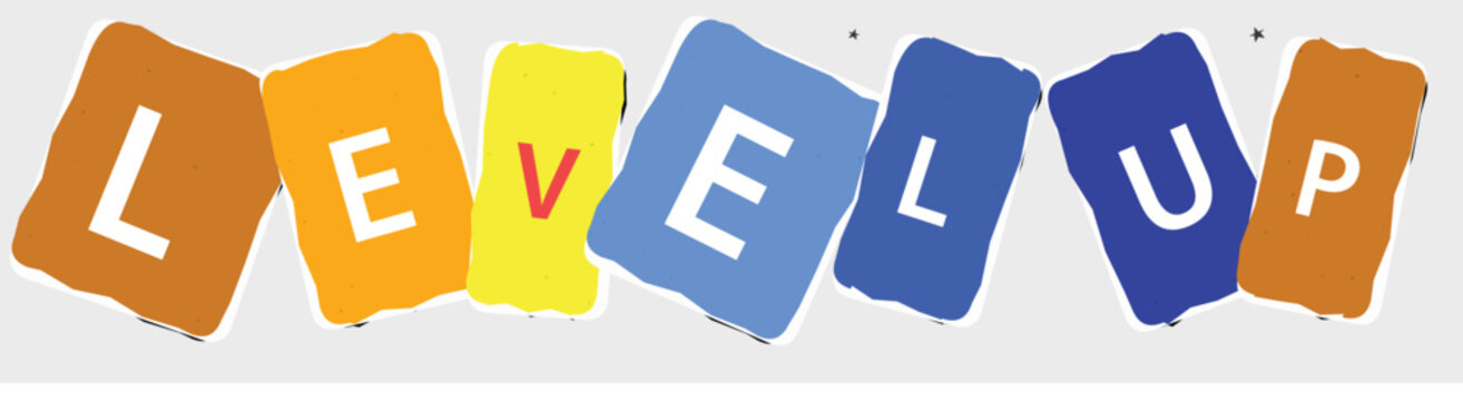 Level up text word with colorful ransom note style letters on gray background vector design.