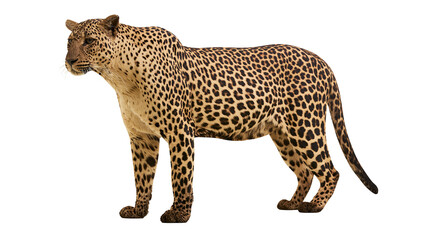Spotted leopard with tan fur and black rosettes, isolated on transparent background © STUDIOP